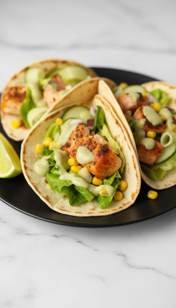 Salmon Bites Tacos with avocado dressing
