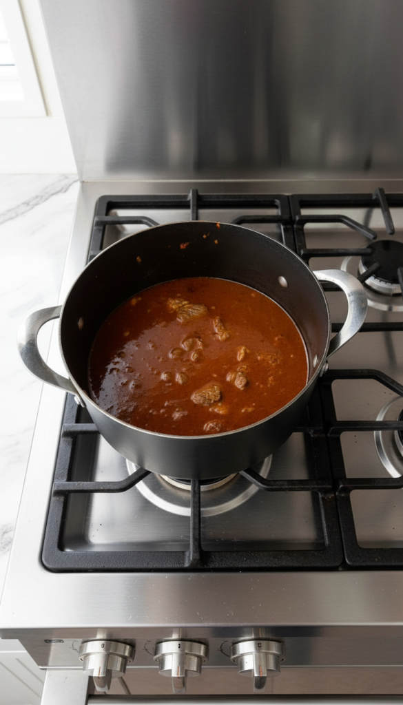 beef slow cooking on stove