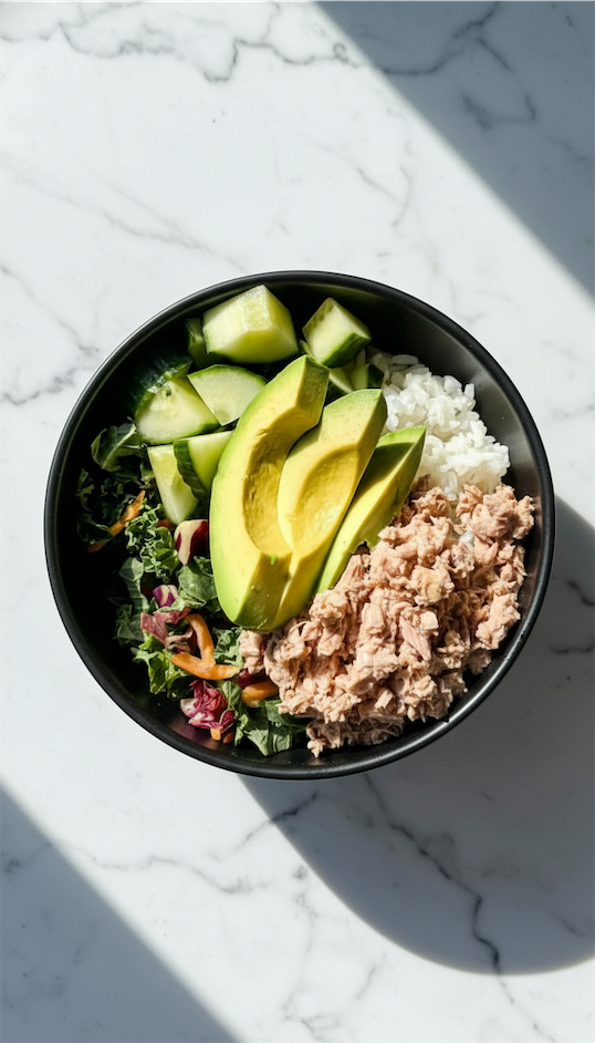healthy poke bowl with tuna and avocado