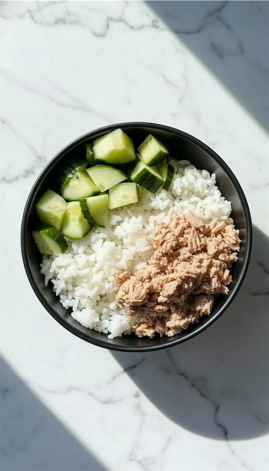 cucumber, rice and canned tuna in black bowl