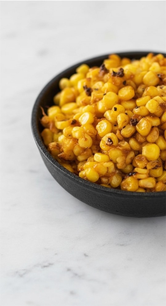Charred corn in a black bowl