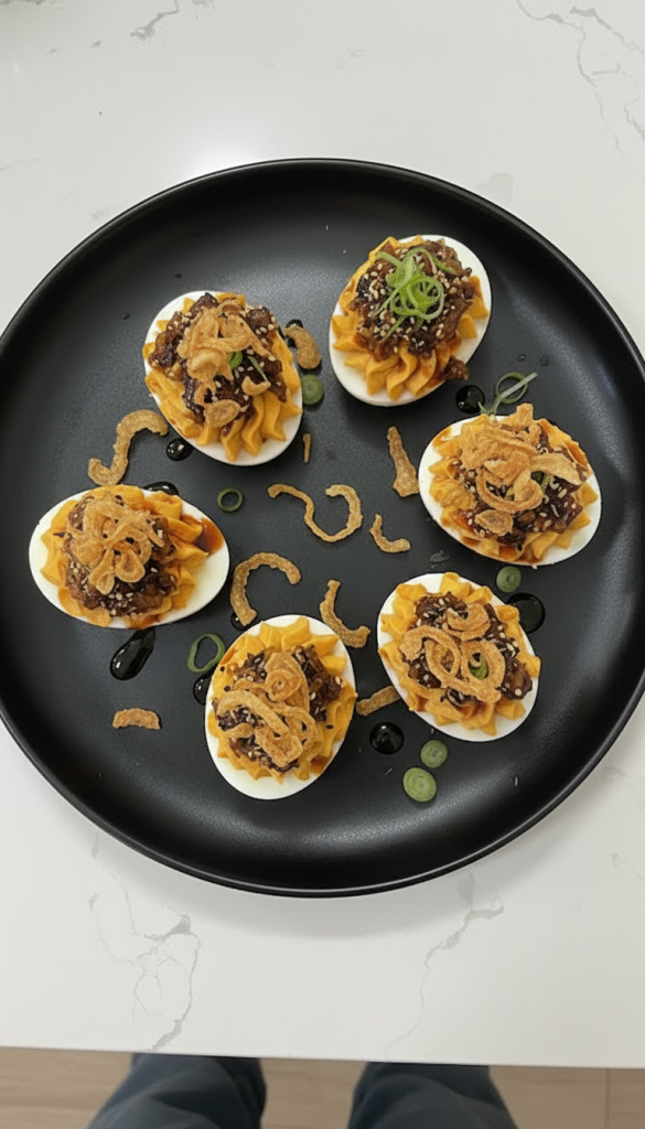 Gochujang Chili Crisp Deviled Eggs black plate