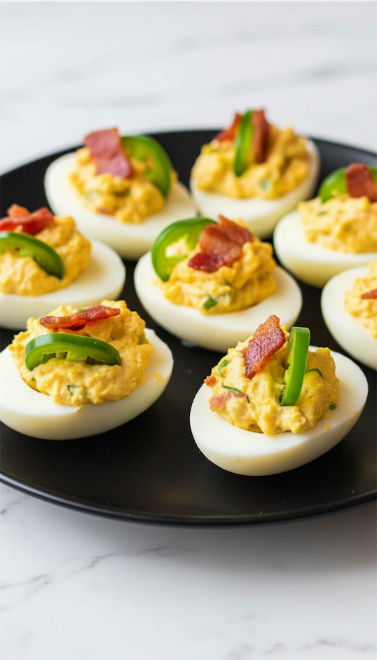 Jalapeño Deviled Eggs with Creamy Bacon Filling on black plate