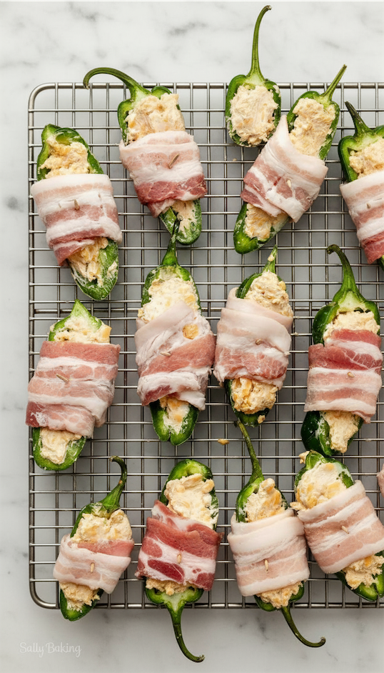 Bacon Wrapped Jalapeños on tray for oven