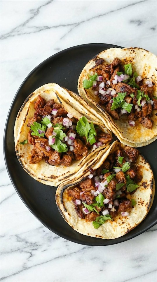 Traditional Steak Mexican Street Tacos on black plate