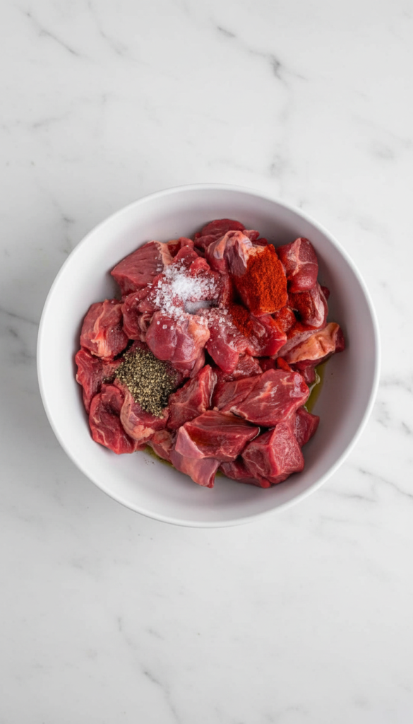 steak being prepped in a white bowl