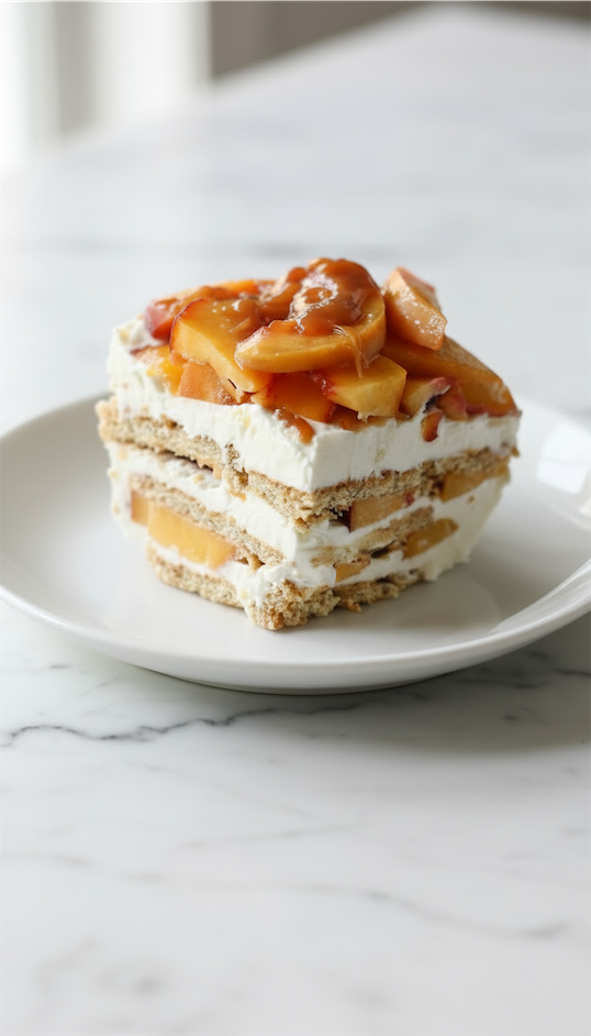 Peach Icebox Cake on white plate