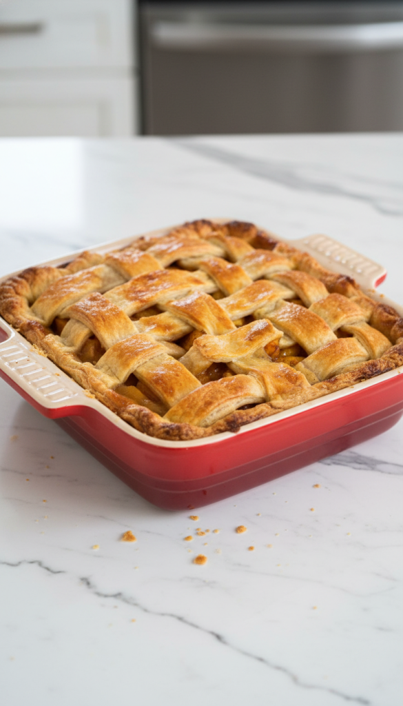 Pie Crust Peach Cobbler cooked in pie dish