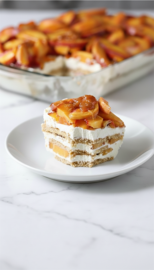Peach Icebox Cake on white marble counter