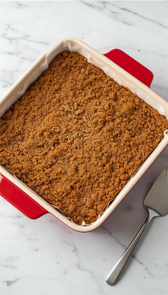 Peach Cobbler Bars cooked in red dish