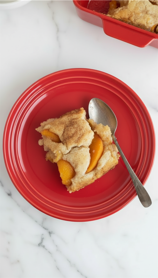 Bisquick Peach Cobbler served on red plate