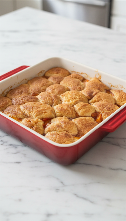 Southern Peach Cobbler out of oven