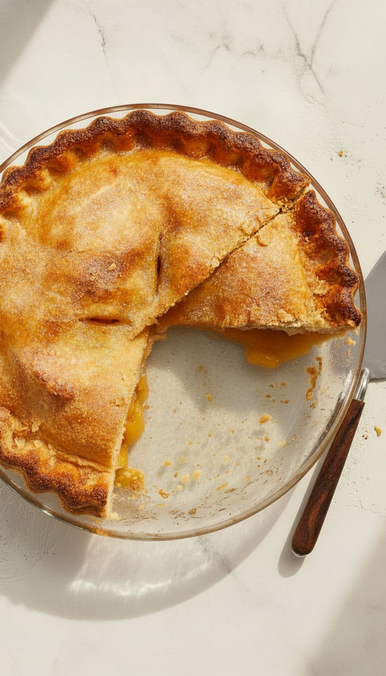 slice cut from Peaches & Cream Pie in pie dish