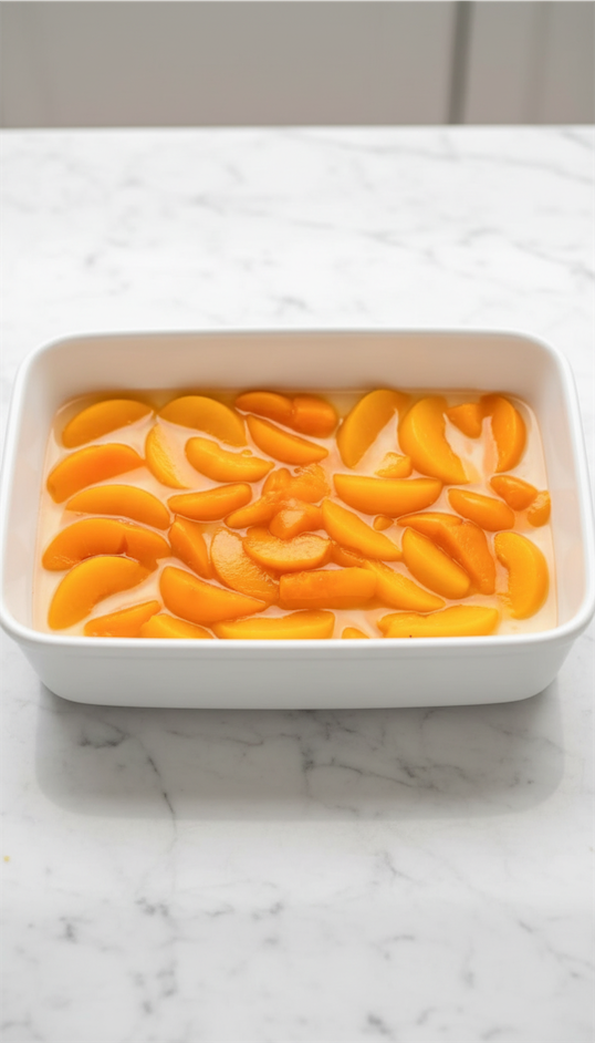 canned peaches in white pie dish